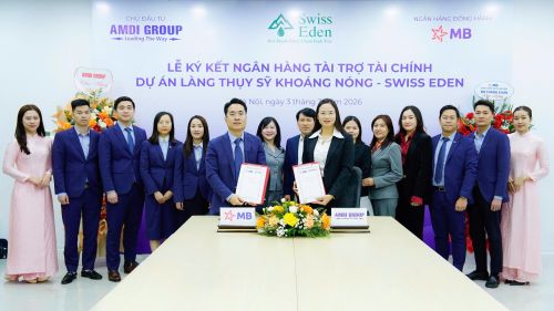 Lễ ký kết Ngân hàng tài trợ tài chính dự án Làng Thụy Sỹ khoáng nóng – Swiss Eden giữa Công ty Cổ phần Tập đoàn AMDI và Ngân hàng TMCP Quân đội (MB) – Chi nhánh Thanh Xuân